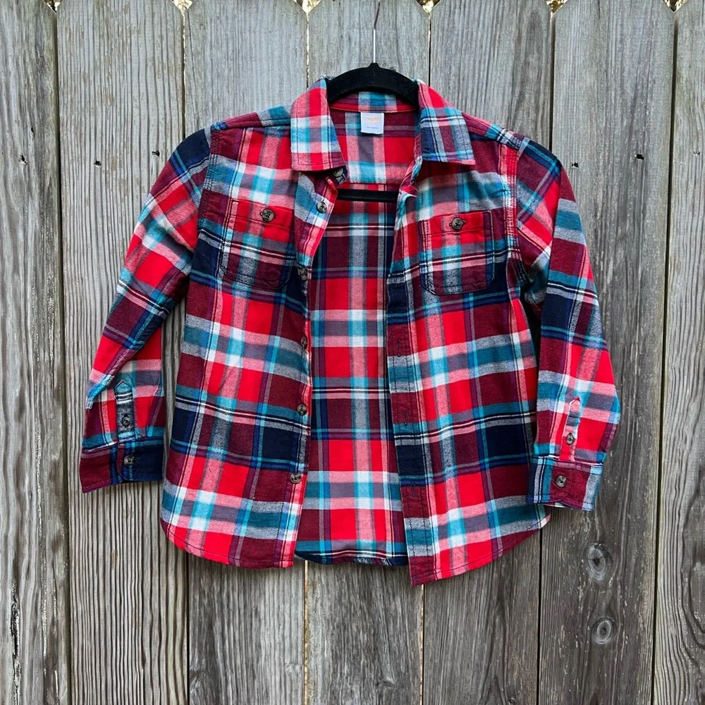 GYMBOREE red white and blue plaid button down long sleeve shirt Boys 5-6